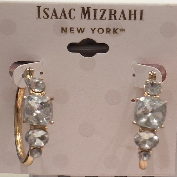 ISAAC MIZRAHI Gold Tone Crystal Hoop Earrings - Picture 4 of 8